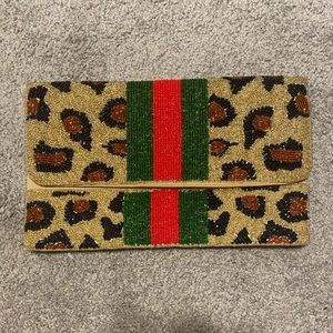 Beaded Clutch- Animal Print with Red/Green Stripe